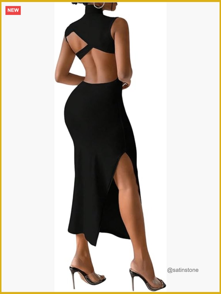 Mock Neck Sleeveless Open Back Bodycon Maxi Dress With Side Slit